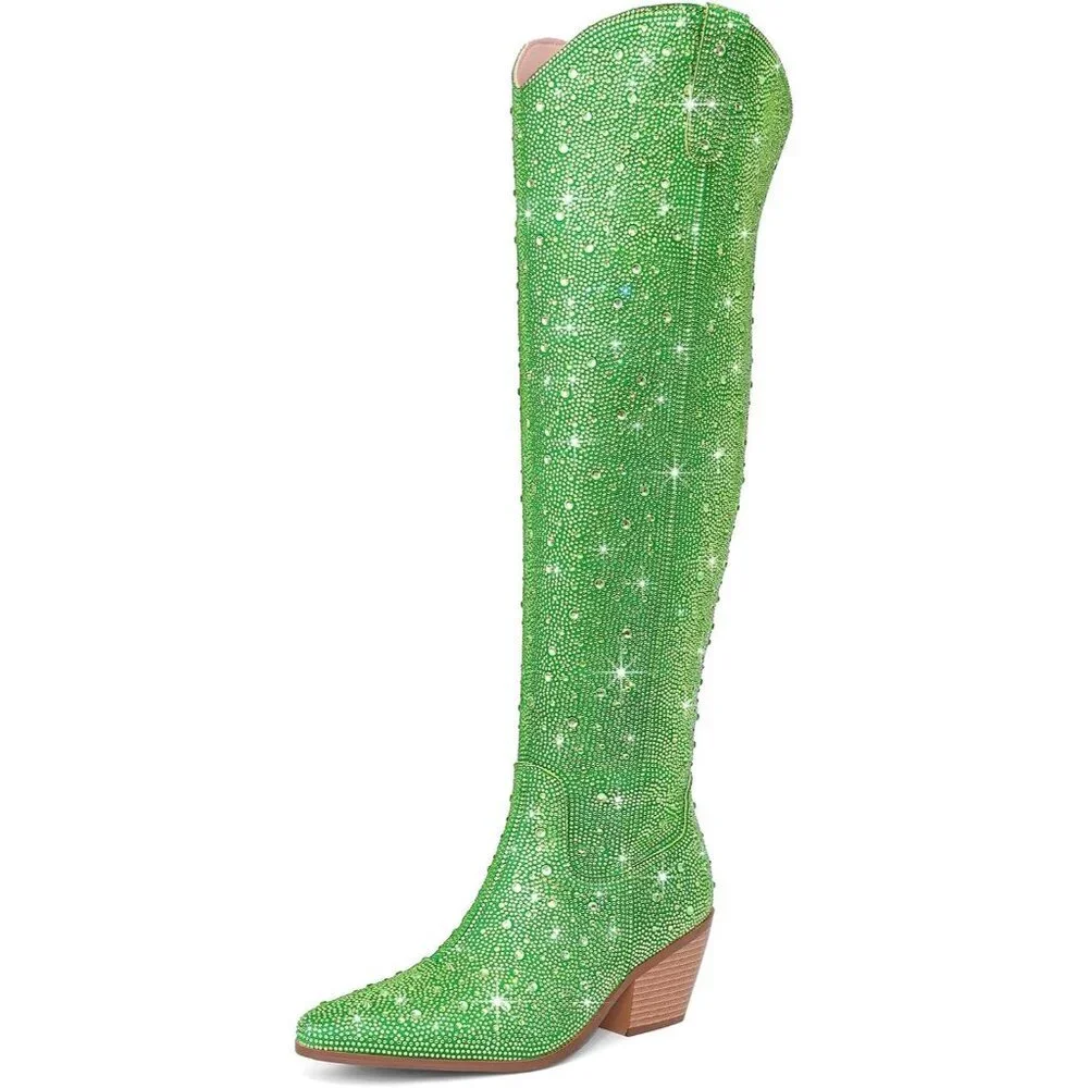Women Green Faux Leather Sparkly Bling Rhinestone Over the Knee Cowboy Boots